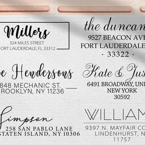 May include: A collection of return address labels with different names and addresses. The labels are printed in black ink on a white background. The names include Millers, the duncans, The Hendersons, Kate & Justin, Simpson, and WILLIAMS.