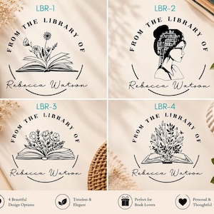 May include: Four circular black ink stamp designs labeled LBR-1 through LBR-4. Each features the text FROM THE LIBRARY OF Rebecca Watson. Designs include an open book with wildflowers, a profile of a person with a bookshelf in their hair, and floral arrangements.