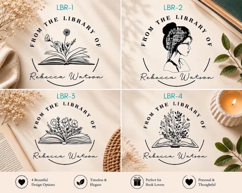 May include: Four circular black ink stamp designs labeled LBR-1 through LBR-4. Each features the text FROM THE LIBRARY OF Rebecca Watson. Designs include an open book with wildflowers, a profile of a person with a bookshelf in their hair, and floral arrangements.