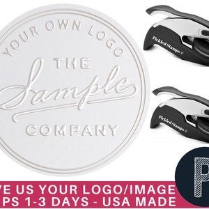 May include: A white embossed seal with the text "YOUR OWN LOGO THE Sample COMPANY" is displayed. Two black and silver seal presses are also shown. A circular logo with the letter "P" is in the lower right corner.