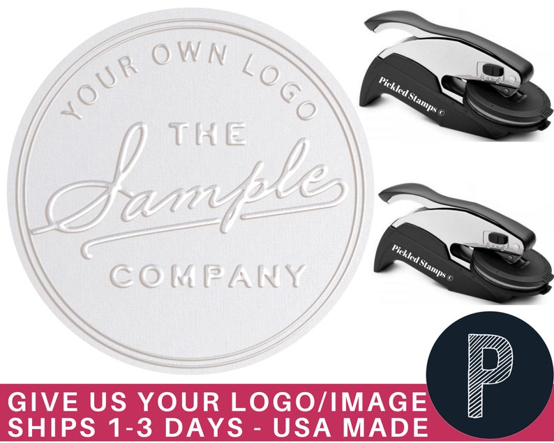 May include: A white embossed seal with the text "YOUR OWN LOGO THE Sample COMPANY" is displayed. Two black and silver seal presses are also shown. A circular logo with the letter "P" is in the lower right corner.