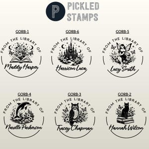 May include: A collection of personalized library stamps with various designs. Each stamp features the phrase "From the Library of" and a name, surrounded by decorative elements like butterflies, owls, and a fairy. The text "Pickled Stamps" is at the top.