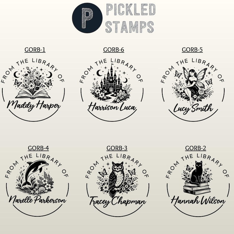 May include: A collection of personalized library stamps with various designs. Each stamp features the phrase "From the Library of" and a name, surrounded by decorative elements like butterflies, owls, and a fairy. The text "Pickled Stamps" is at the top.