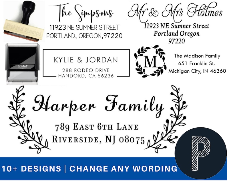 May include: Ten different designs for custom rubber stamps featuring various family names, addresses, and initials. The stamps are black and white and feature a variety of fonts and designs.
