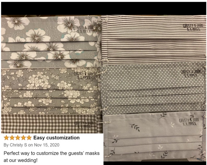 May include: A set of six gray fabric face masks with different patterns, including floral, polka dot, striped, and leaf designs. Each mask has the text "CHRISTY & JOHN XX.MMXX" printed on it.