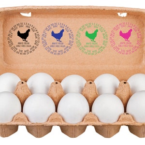 Pu&ograve; includere: Un contenitore di uova in cartone con 12 uova bianche. Il contenitore ha quattro timbri circolari con una silhouette di gallina nera, blu, verde e rosa. Ogni timbro dice "AMYS FRESH CAGE FREE EGGS" e ha un codice data.