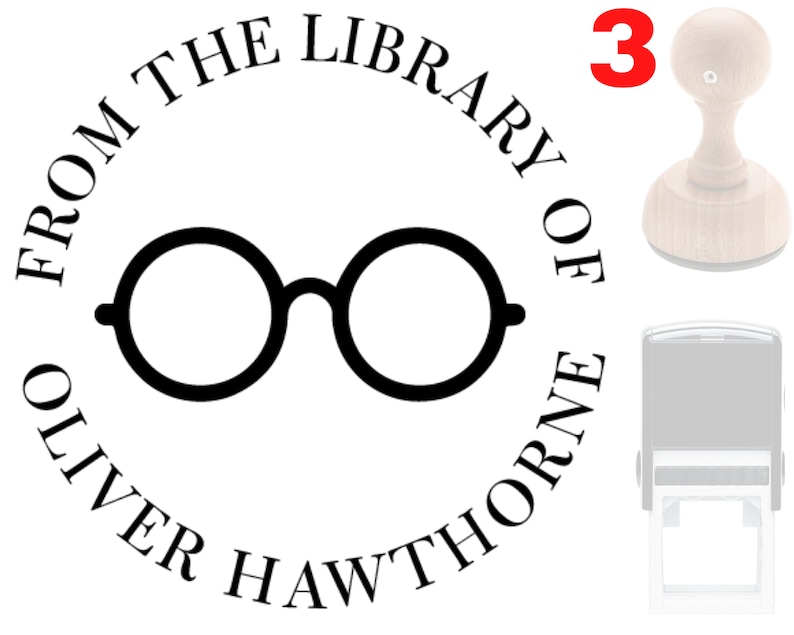 May include: A black and white round rubber stamp with the text "From the Library of Oliver Hawthorne" and a pair of glasses in the center. The stamp is labeled "3" in red.