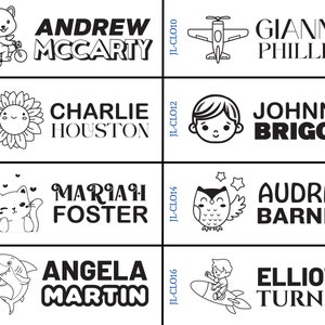 May include: A set of 10 black and white personalized rubber stamps featuring various illustrations and names. The illustrations include a bear riding a bike, a sunflower, a cat, a shark, an owl, a plane, a boy with a bow tie, and a boy riding a rocket. The names are Andrew McCarty, Charlie Houston, Mariah Foster, Angela Martin, Gianna Phillips, Johnny Briggs, Audrey Barnes, Elliott Turner.