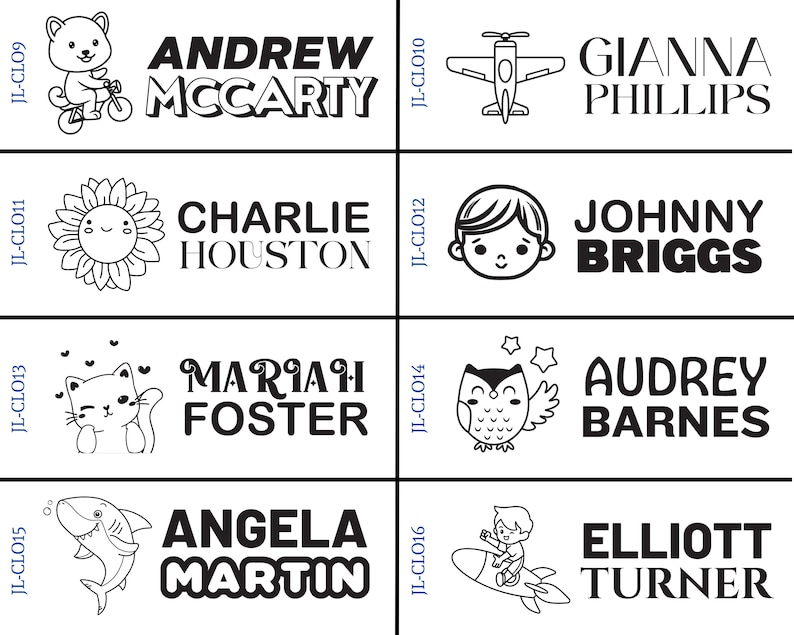 May include: A set of 10 black and white personalized rubber stamps featuring various illustrations and names. The illustrations include a bear riding a bike, a sunflower, a cat, a shark, an owl, a plane, a boy with a bow tie, and a boy riding a rocket. The names are Andrew McCarty, Charlie Houston, Mariah Foster, Angela Martin, Gianna Phillips, Johnny Briggs, Audrey Barnes, Elliott Turner.