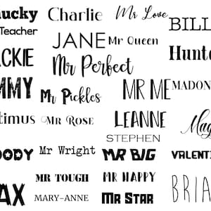 May include: A collection of names and titles in black font on a white background. Names include "Chucky", "Charlie", "Jackie", "Jimmy", "Optimus", "Woody", "Max", "Billy", "Hunter", "Leanne", "Maggie", "Valentine", and "Brian". Titles include "Mr Teacher", "Mr Queen", "Mr Perfect", "Mr Pickles", "Mr Rose", "Mr Wright", "Mr Big", "Mr Tough", "Mr Happy", and "Mr Star".