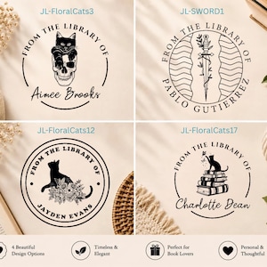 May include: Four circular black ink stamp designs for books. Top left: a cat on a skull with text Aimee Brooks. Top right: a sword with text Pablo Gutierrez. Bottom left: a cat with flowers and text Jayden Evans. Bottom right: a cat on books with text Charlotte Dean.