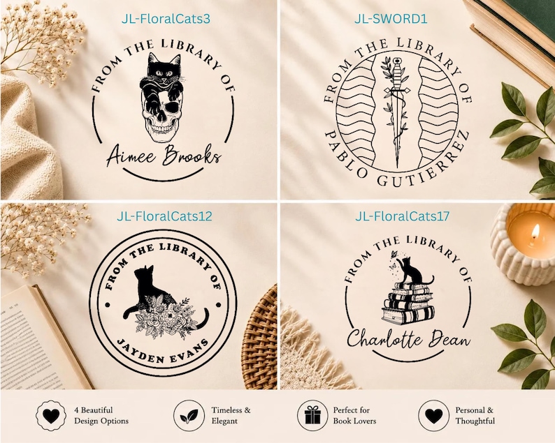 May include: Four circular black ink stamp designs for books. Top left: a cat on a skull with text Aimee Brooks. Top right: a sword with text Pablo Gutierrez. Bottom left: a cat with flowers and text Jayden Evans. Bottom right: a cat on books with text Charlotte Dean.