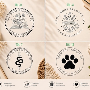 May include: Four circular black ink stamps on a light background. TOL-2 shows an open book with flowers and butterflies, labeled 'THIS BOOK BELONGS TO MONIKA WILSON'. TOL-4 features a teacup with flowers, labeled 'THIS BOOK BELONGS TO ALEX STROMBERG'. TOL-7 displays a sword and snake, labeled 'THIS BOOK BELONGS TO KARL WILSON'. TOL-13 shows a paw print, labeled 'FROM THE LIBRARY OF REBECCA WATSON'.