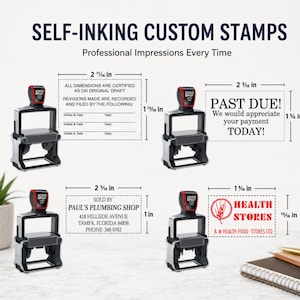 May include: Self-inking custom stamps with dimensions shown. The stamps are black and silver with red ink pads. One stamp reads "PAST DUE!" and another reads "PAUL'S PLUMBING SHOP". The image also includes the text "HEALTH STORES".