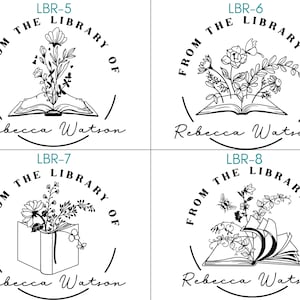 May include: Four black and white illustrations of a book with flowers and the text "From the Library of Rebecca Watson".