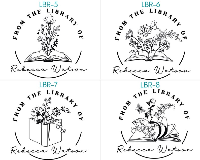 May include: Four black and white illustrations of a book with flowers and the text "From the Library of Rebecca Watson".