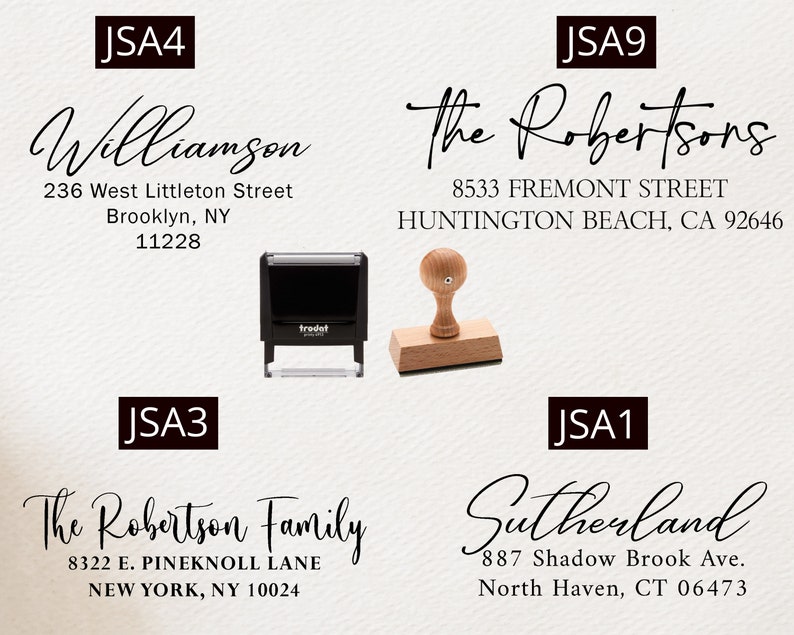 May include: Four different return address stamps with black ink. The stamps are labelled JSA1, JSA3, JSA4, and JSA9. The stamps feature different names and addresses.