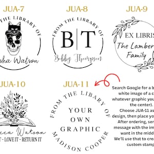 May include: A collection of custom stamp designs. The designs include circular stamps with text such as "From the Library of" and personalized names. Some stamps feature graphics like a cat on a skull, initials, and floral elements.