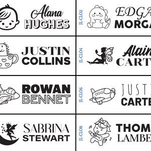 May include: Eight black and white personalized name stamps with different illustrations. The illustrations include a baby, a dinosaur, a fairy, a plane, a unicorn, a mug with a dinosaur, a fairy with a crescent moon, and a plane. Each stamp includes a name and a last name.