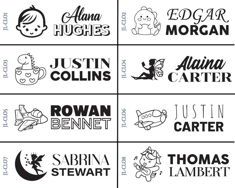 May include: Eight black and white personalized name stamps with different illustrations. The illustrations include a baby, a dinosaur, a fairy, a plane, a unicorn, a mug with a dinosaur, a fairy with a crescent moon, and a plane. Each stamp includes a name and a last name.