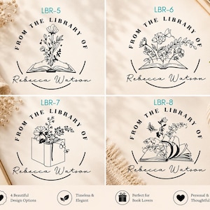 May include: Four circular black ink stamp designs labeled LBR-5, LBR-6, LBR-7, and LBR-8. Each features an open book with floral illustrations, the text FROM THE LIBRARY OF, and the personalized name Rebecca Watson in a script font.