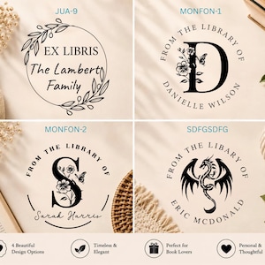 May include: Four circular black ink stamp designs on a light background. JUA-9 features a leaf wreath with text Ex Libris The Lambert Family. MONFON-1 and MONFON-2 show floral monograms with names Danielle Wilson and Sarah Harris. SDFGSDFG displays a dragon.