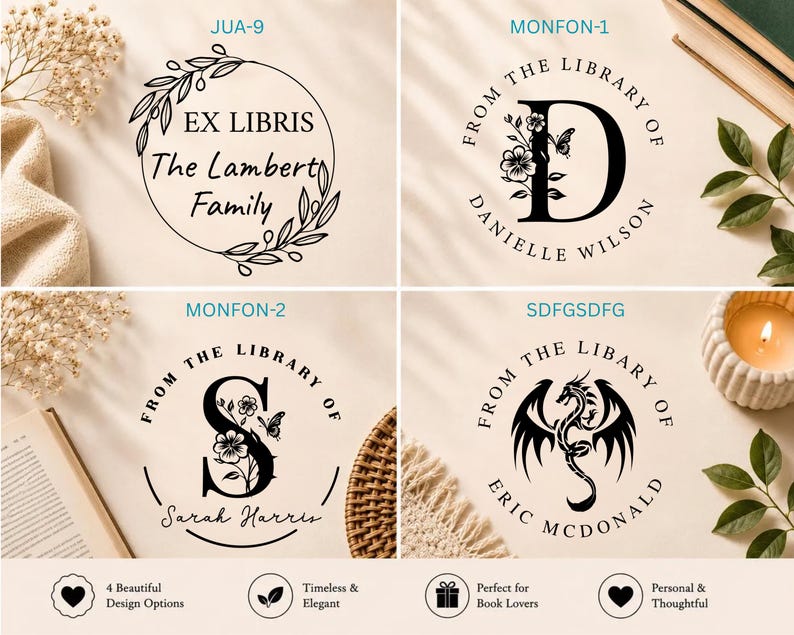 May include: Four circular black ink stamp designs on a light background. JUA-9 features a leaf wreath with text Ex Libris The Lambert Family. MONFON-1 and MONFON-2 show floral monograms with names Danielle Wilson and Sarah Harris. SDFGSDFG displays a dragon.
