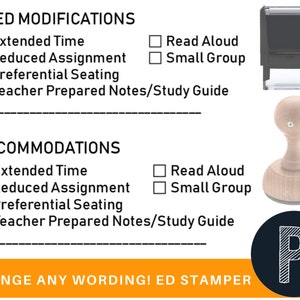 SPED Modifications Accommodation Teacher&#39;s Rubber Stamp Self Inking or Wood Handle Black Purple Green Blue or Red - Change Your Wording!