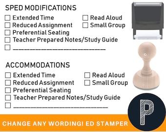 SPED Modifications Accommodation Teacher's Rubber Stamp Self Inking or Wood Handle Black Purple Green Blue or Red - Change Your Wording!