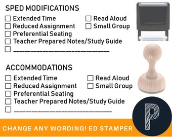 SPED Modifications Accommodation Teacher's Rubber Stamp Self Inking or Wood Handle Black Purple Green Blue or Red - Change Your Wording!