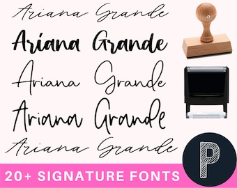 May include: A collection of 20+ signature fonts displayed in black text on a white background. The text reads "Ariana Grande" in various styles. The image also shows a wooden stamp and a black ink pad.