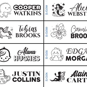 May include: A set of 10 black and white personalized name stamps with various illustrations. The illustrations include a dinosaur, a unicorn, a butterfly, a mermaid, a baby, a fairy, and a cup. The stamps are designed for use on paper, fabric, and other surfaces.