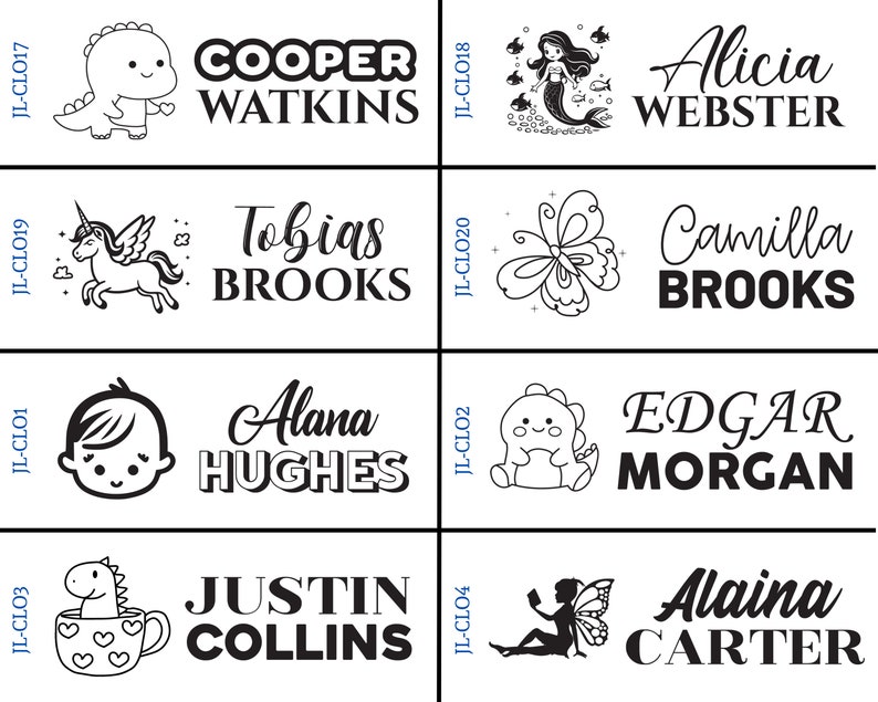 May include: A set of 10 black and white personalized name stamps with various illustrations. The illustrations include a dinosaur, a unicorn, a butterfly, a mermaid, a baby, a fairy, and a cup. The stamps are designed for use on paper, fabric, and other surfaces.
