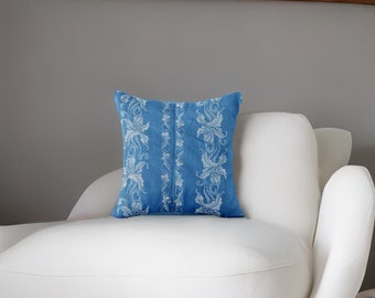 的枕头。古董枕头。古董cover 19th century.Blue Floral Decor Pillow.Antique Ticking Pillow. 40x40cm - 1.3x1.3ft