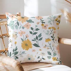 Floral Throw Pillow, Yellow & Peach Botanical Flowers, Spring Cottagecore Cushion, Pastel Decorative Pillow, Farmhouse Decor