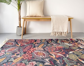 Colorful Botanical Design PET Rug - Handcrafted from Recycled Plastics- Feels like fabric