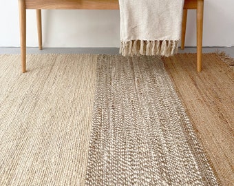Large Jute Striped Rug, Hand-Woven Bohemian Rug with Fringe, Natural Fiber Boho Decor