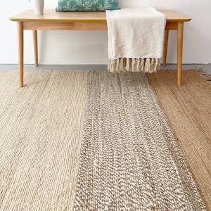 Large Jute Striped Rug: Hand-Woven Bohemian Rug with Fringe