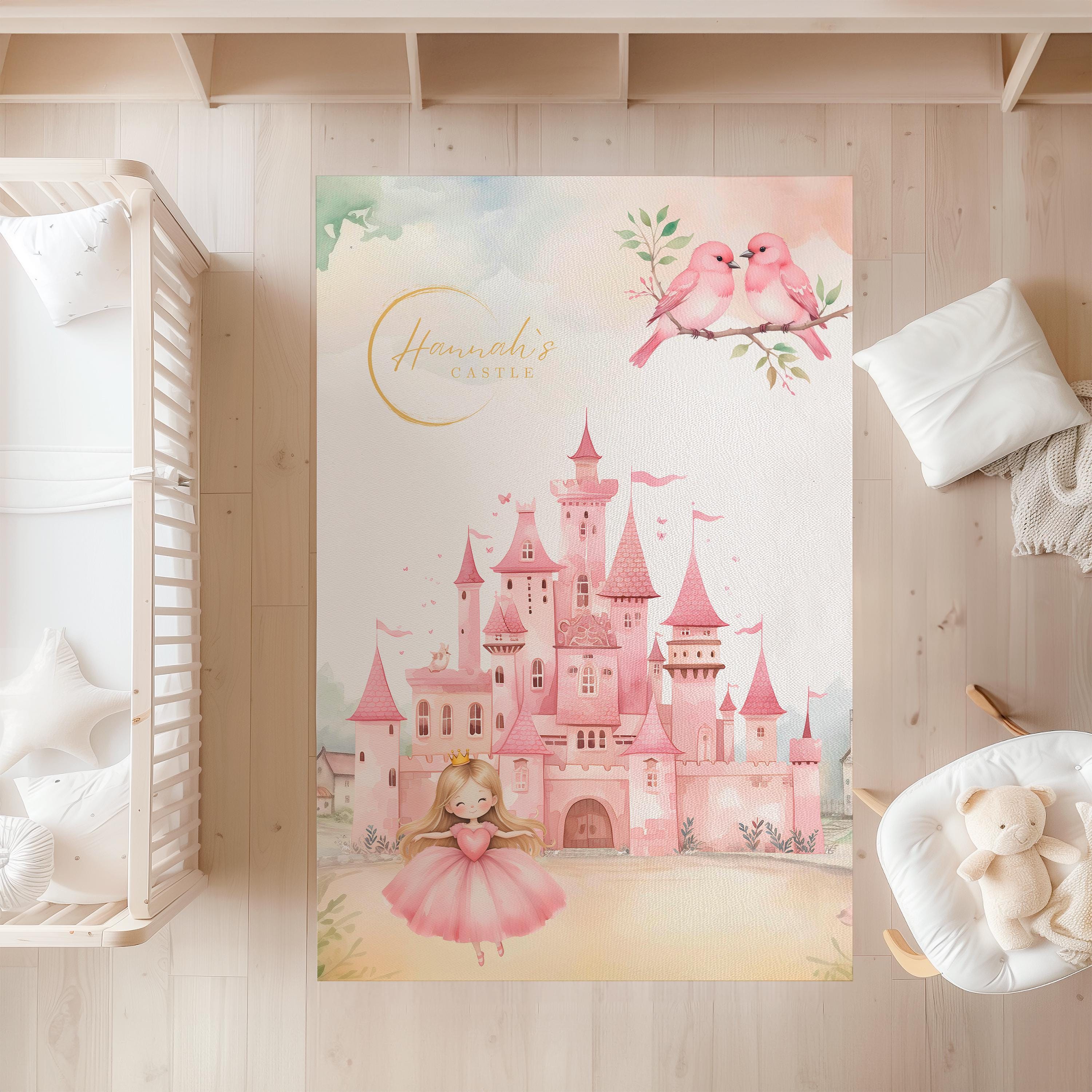 Personalized Princess Castle Rug: Pink Watercolor Play Mat, Non-slip ...