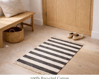 Small Recycled Cotton Accent Rug, Boho Striped Entryway & Bathroom Mat