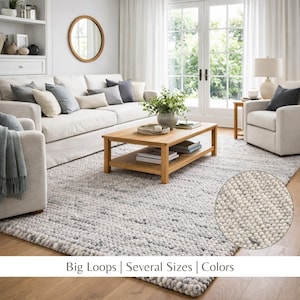 Tapis Laine Tissé Main, Gris-Ivoire Marbré Tricot Grosses Mailles, Tapis Texturé Salon et Chambre