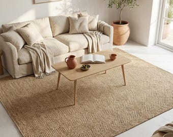 Handgemaakt, natuurlijk gevlochten jute vloerkleed: Scandinavische Hygge-decoratie voor woonkamer, slaapkamer, hal, van klein tot groot formaat.