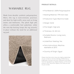 Cream Washable Shaggy Area Rug, Soft Solid Polypropylene Rug with Non Slip Backing image 2