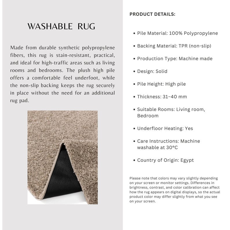 Cream Washable Shaggy Area Rug, Soft Solid Polypropylene Rug with Non Slip Backing image 2