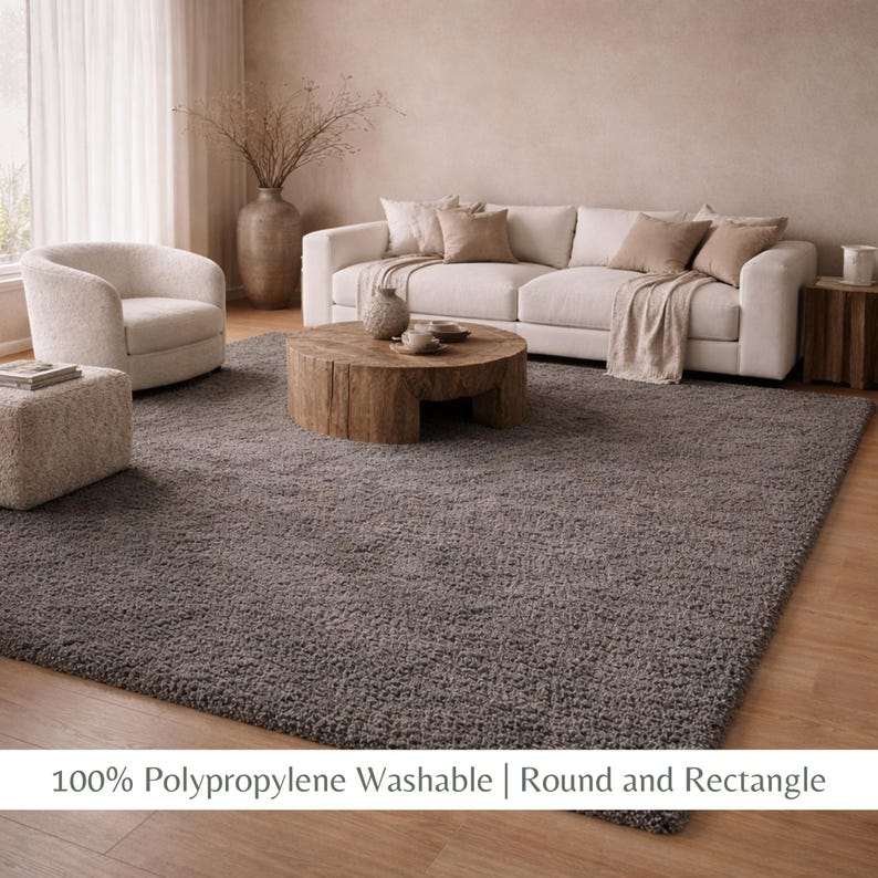 Cream Washable Shaggy Area Rug, Soft Solid Polypropylene Rug with Non Slip Backing image 15