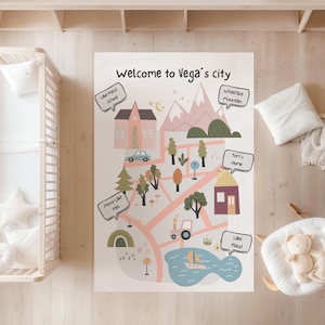 Puede incluir: Una ilustración de mapa caprichosa con el texto "Welcome to Vega's city". El mapa presenta una ciudad con casas, un lago, montañas y un arcoíris. Varios lugares están etiquetados, incluyendo "Lake Placid School" y "Whiteface Mountain".