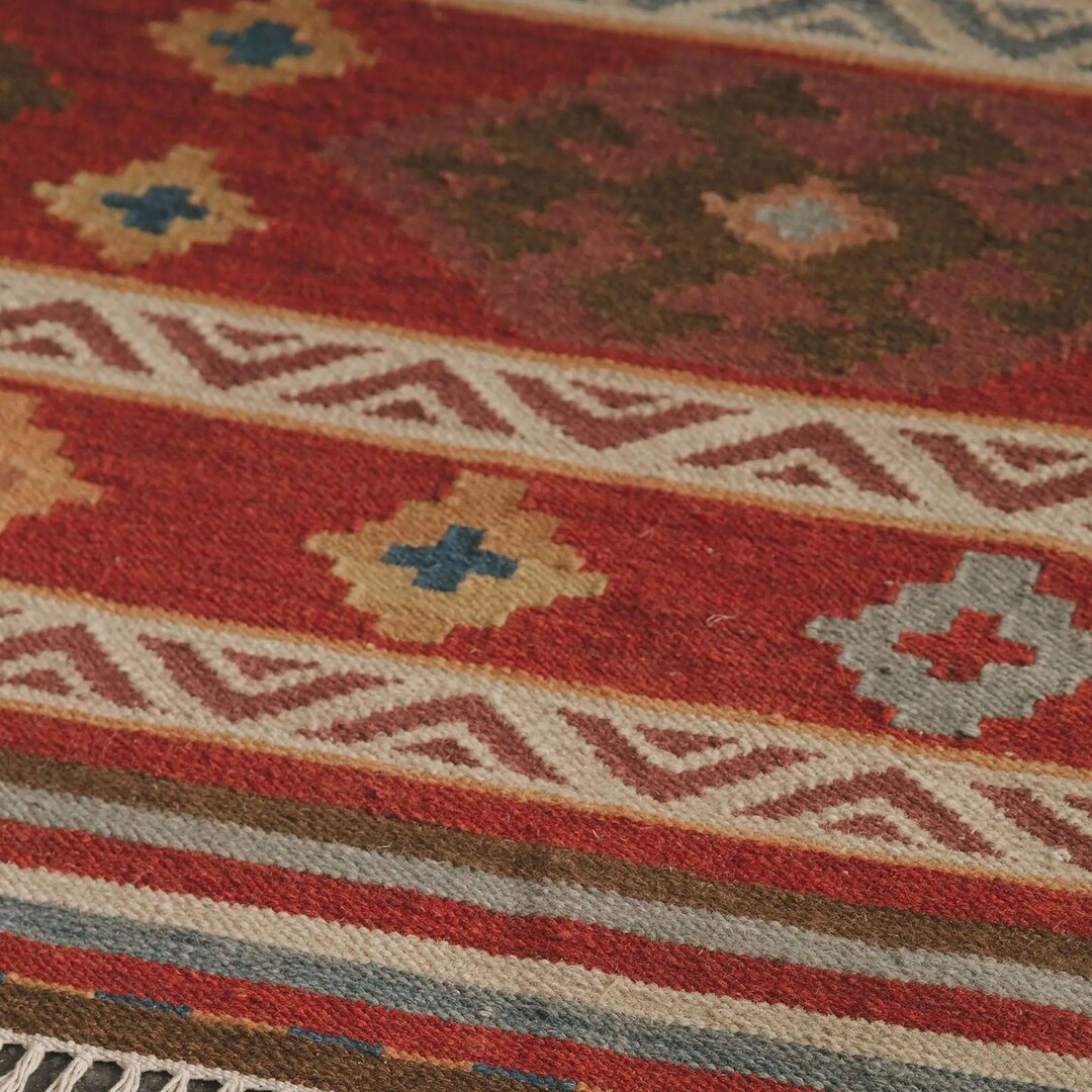 Red Kilim Rug: Handwoven Wool & Cotton Boho Runner - Etsy