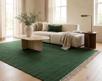Large Olive Green Wool Rug: Handwoven Nordic Coastal Decor