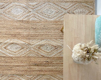 Boho rug with geometric design in two-tones for home decor, fiber braided rug for a boho vegan nursery room or any space slow home