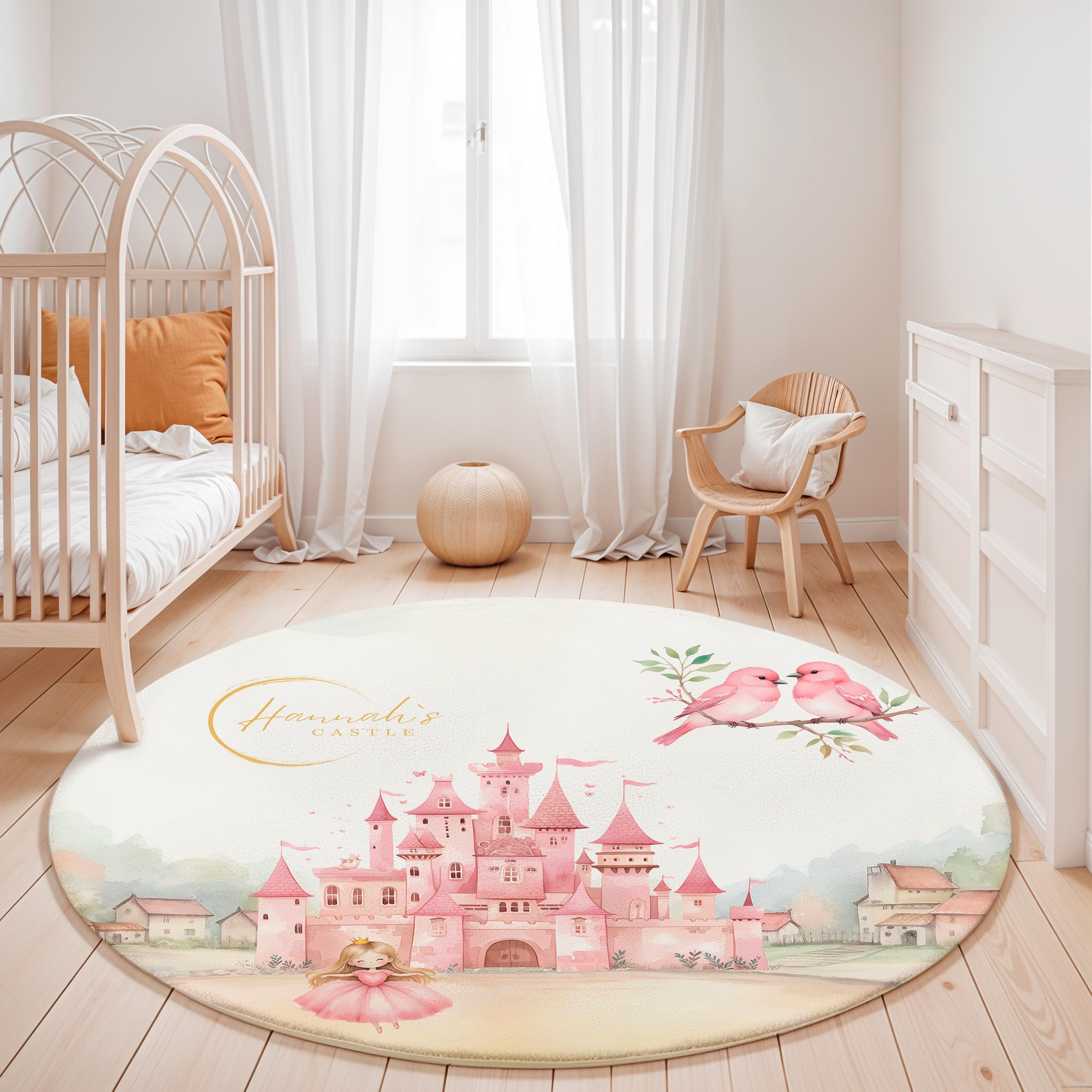 Personalized Princess Castle Rug: Pink Watercolor Play Mat, Non-slip ...